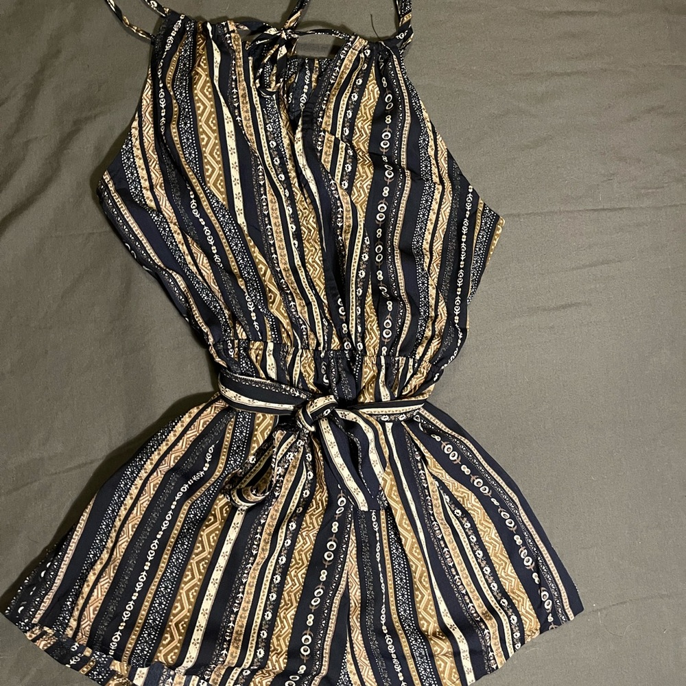 Blue with striped tribal print short romper